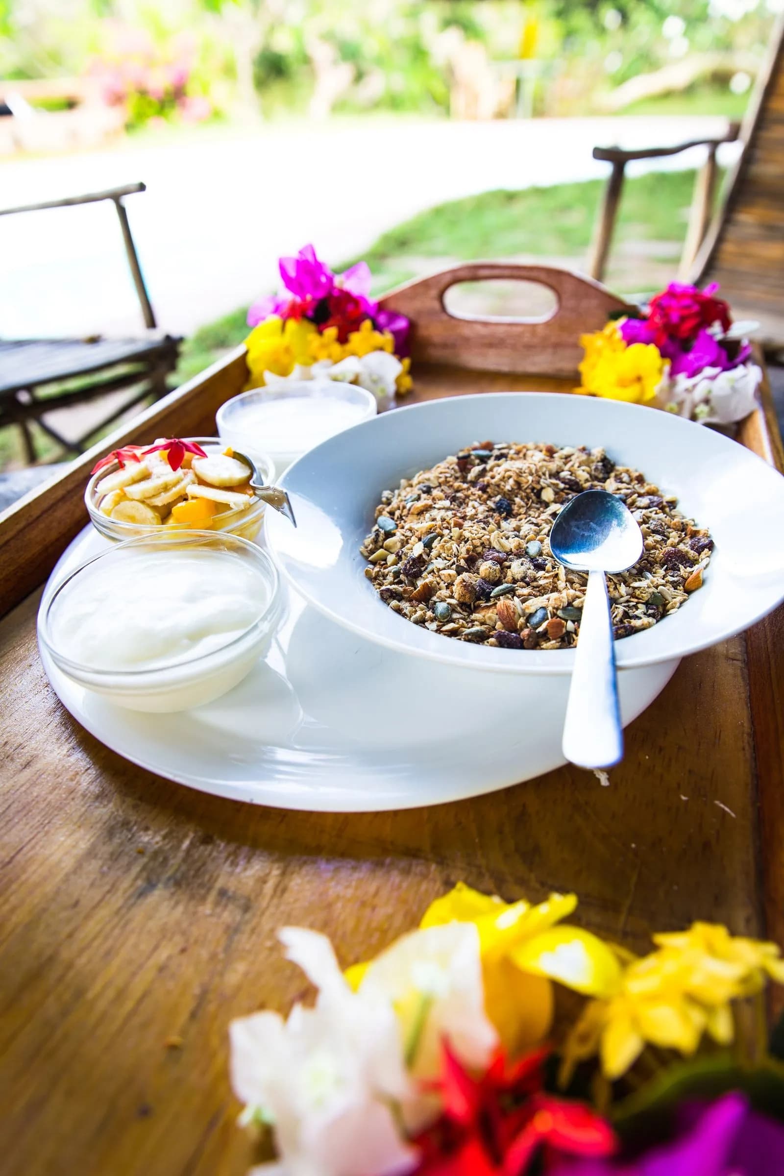 Garden breakfast under the cashew trees